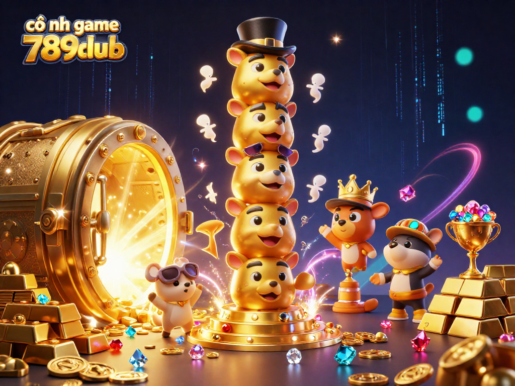 Engage with cổng game 789club, where vibrant 3D characters and casino treasures come alive in a dynamic scene.