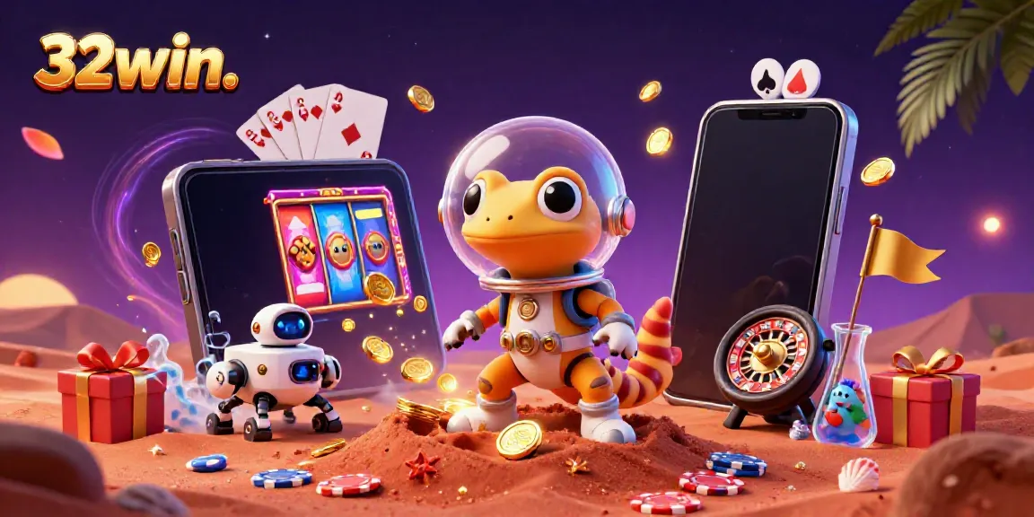 Experience the vibrant gaming universe of 32win. with a Martian gecko discovering a golden casino.