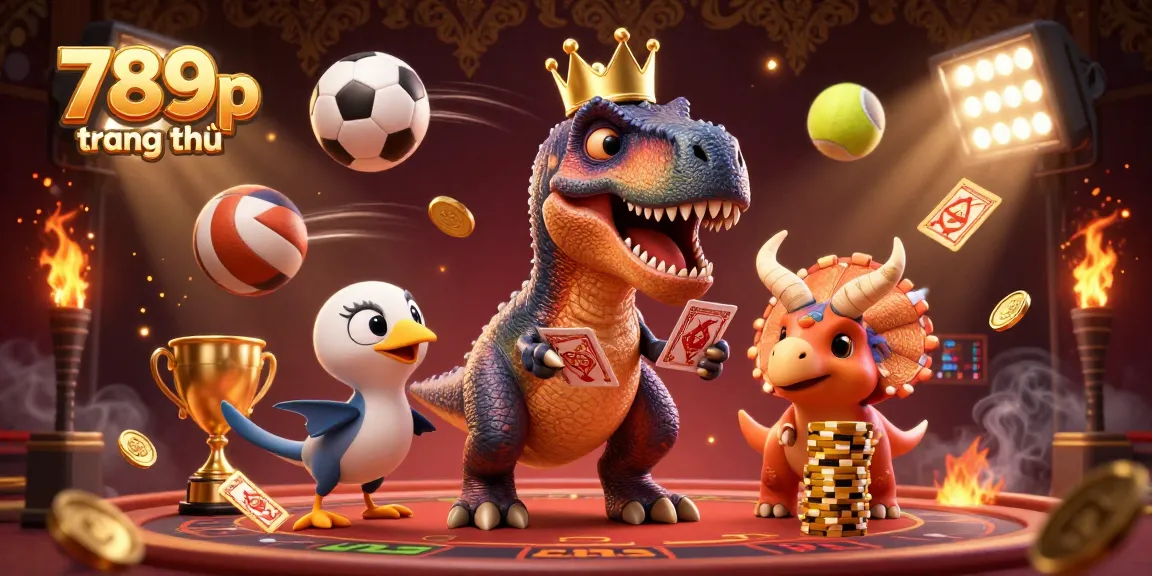 Engage with 789p trang chủ as a cartoon T-Rex shuffles cards with help from a pterodactyl in a rich casino scene.