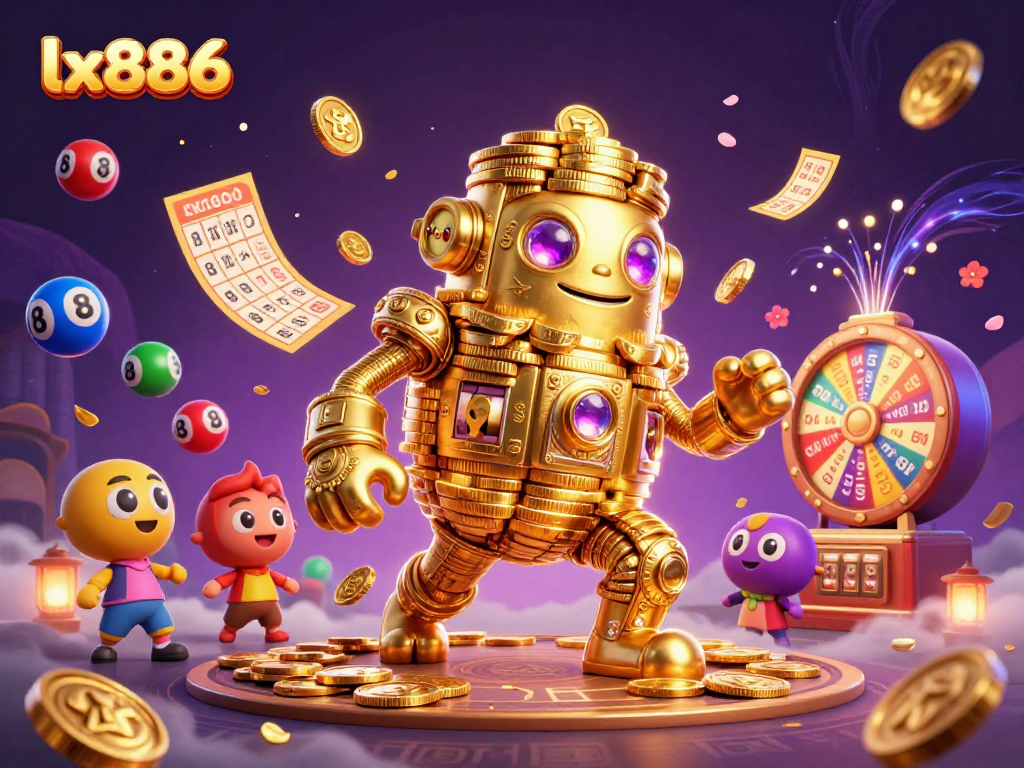 Win big with lx886 at this vibrant 3D casino illustration featuring games and riches.