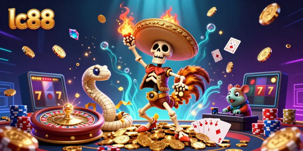 Witness lc88's vibrant gaming scene with energetic characters dancing on golden coins and lucky sevens.