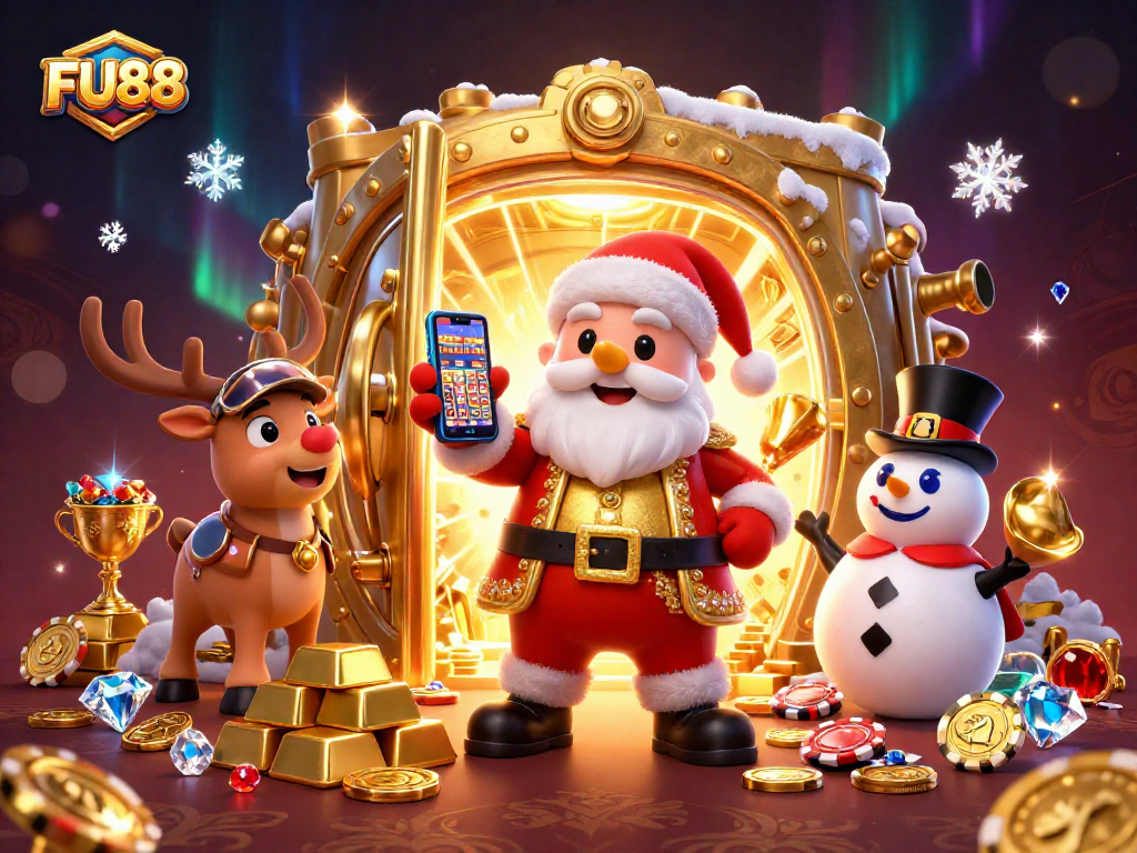 Experience thrilling wins with FU88 in a festive 3D casino scene featuring Santa Claus and friends.