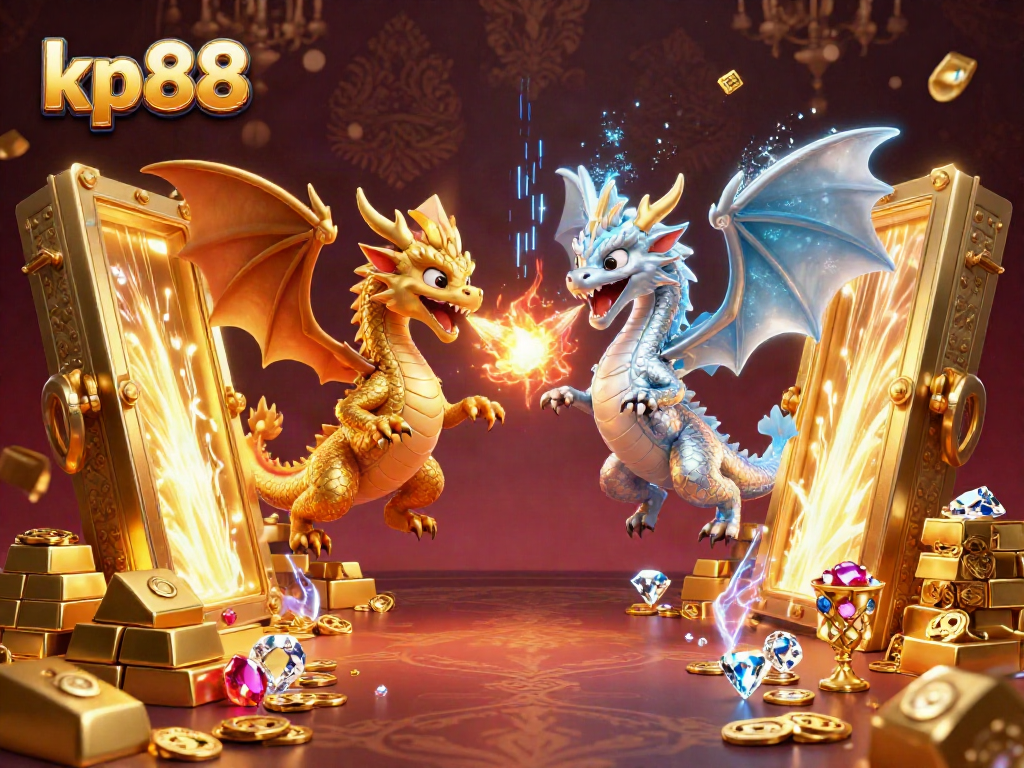 Experience thrilling action with kp88's captivating online casino scene featuring dragons and treasures.