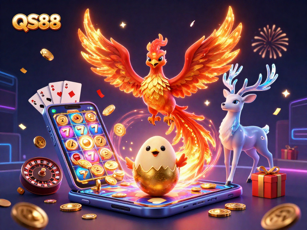 Win big with QS88 in a vibrant 3D casino scene featuring a phoenix and exciting game elements.
