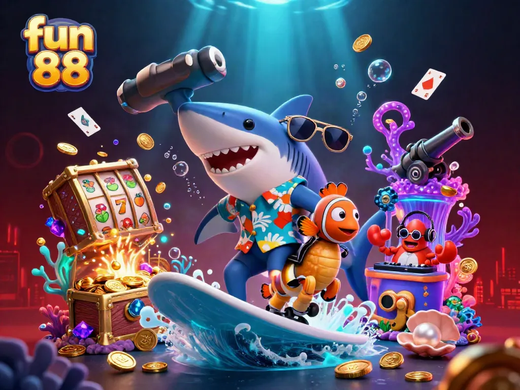 Ride the wave of excitement at fun 88 with a vibrant 3D casino illustration featuring an adventurous shark and colorful casino elements.