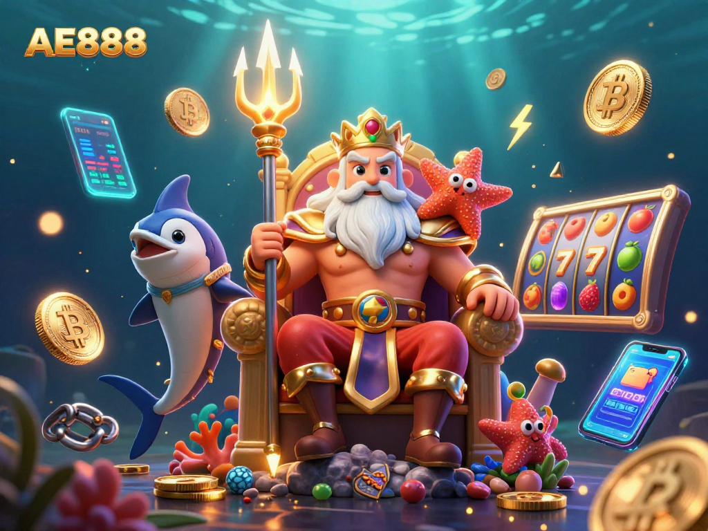 Engage with AE888 in a vibrant underwater casino realm featuring Neptune and crypto elements.