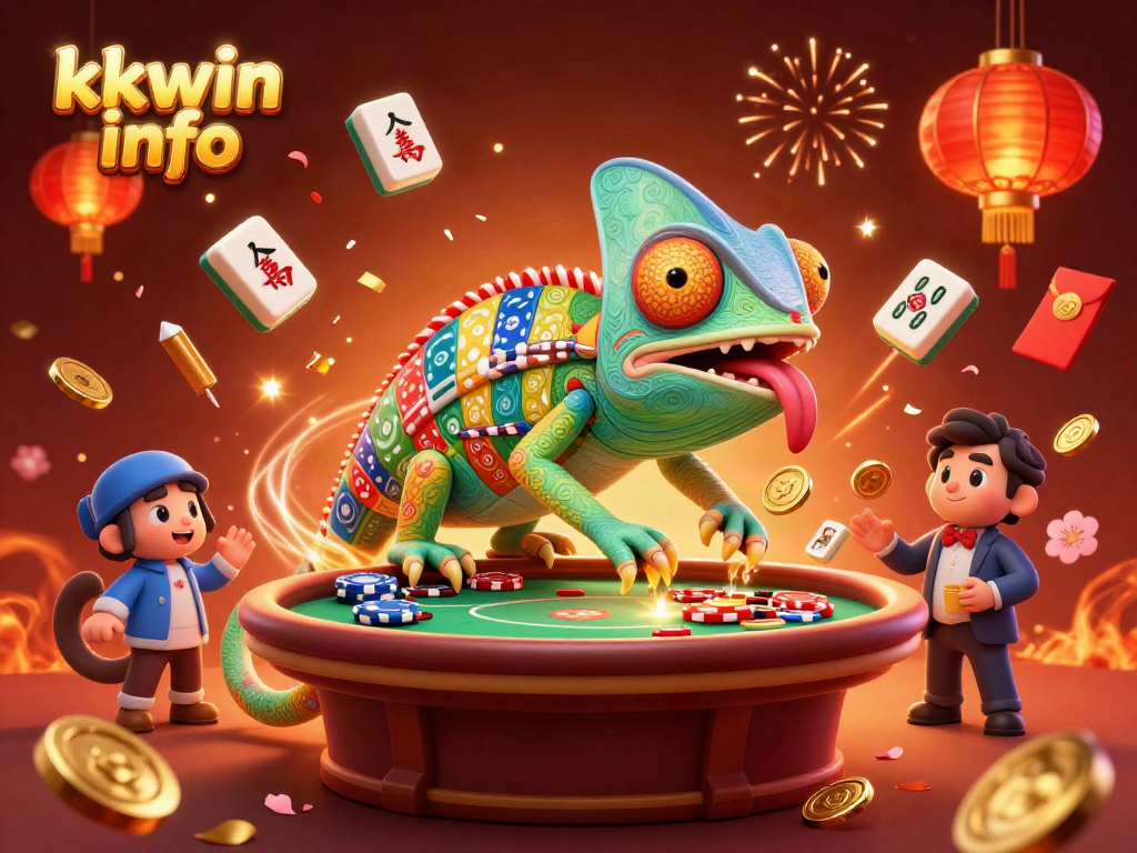 Engage in big wins with kkwin info through a vibrant casino-themed illustration of a chameleon owner amidst rich elements.