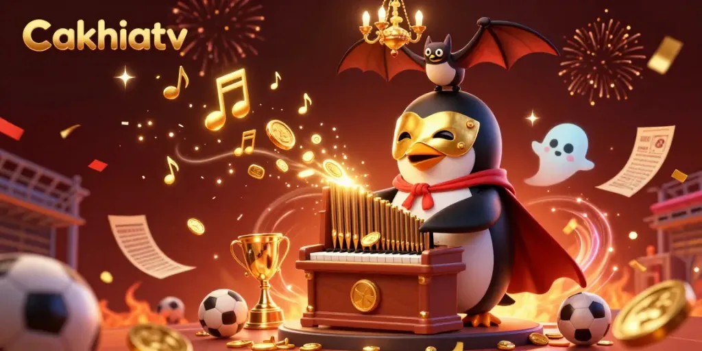 Experience cakhiatv excitement with a penguin playing an organ, surrounded by sports betting action.