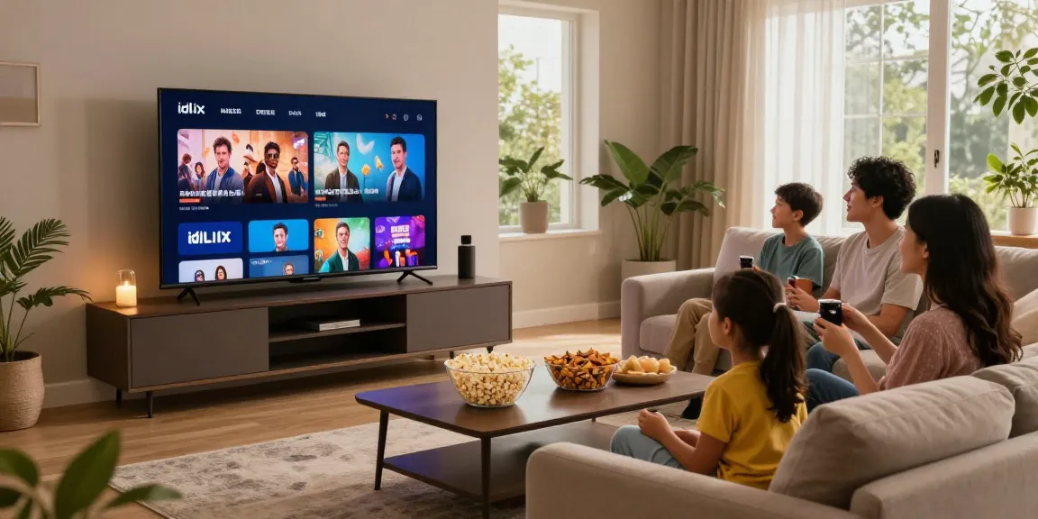 Cozy living room with idlix streaming movies, family enjoying cinematic moments together.