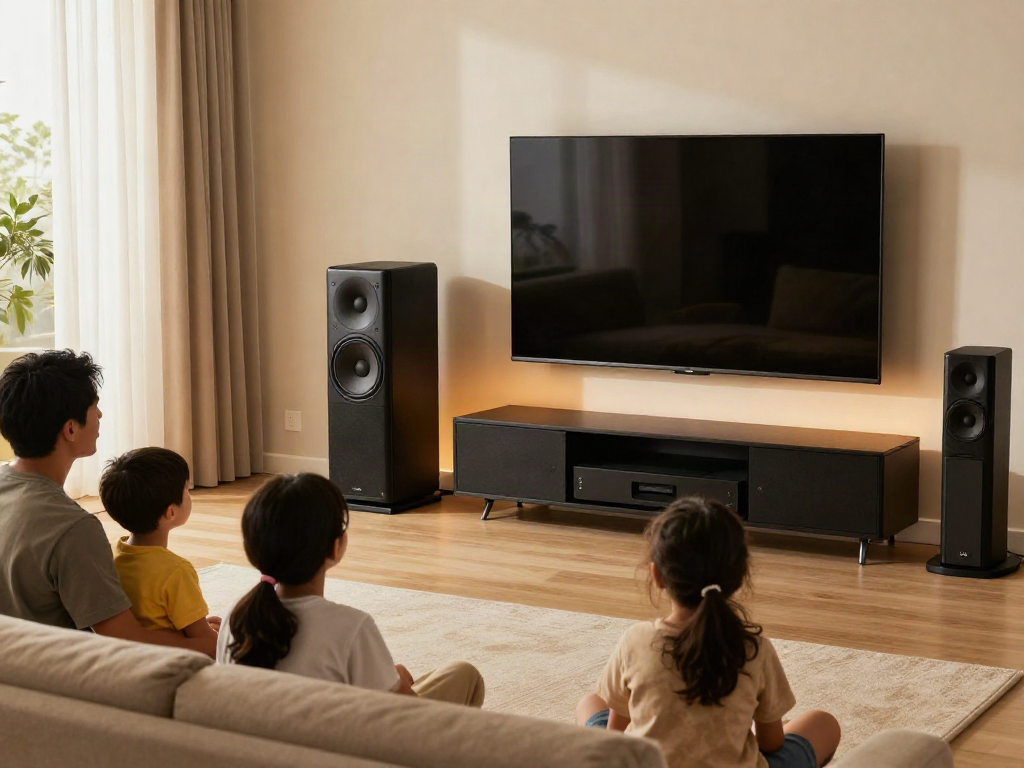 Vision Speaker Price in bangladesh highlighted in a cozy home theater with family enjoying multimedia experience.