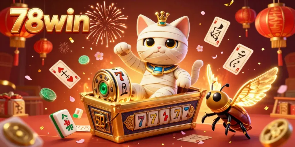 Experience the thrill of 78win with a dynamic casino scene featuring a mummy cat, scarab, and floating symbols.