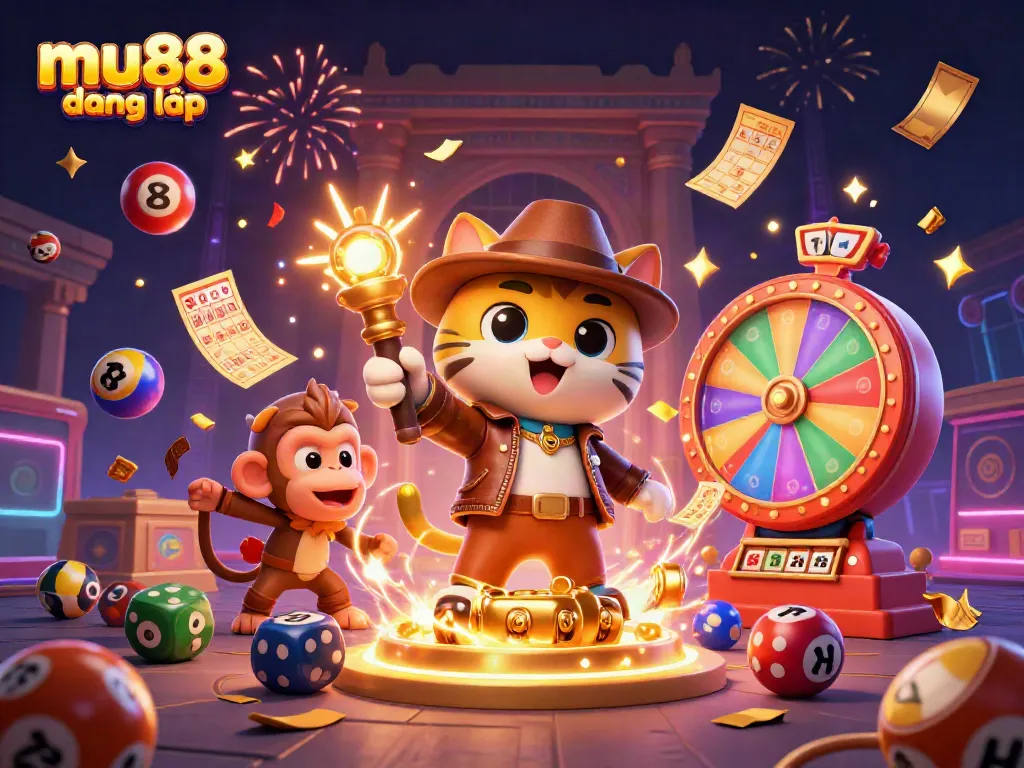 Engage with mu88 đăng nhập as a cartoon cat discovers casino treasures amidst vibrant game elements.