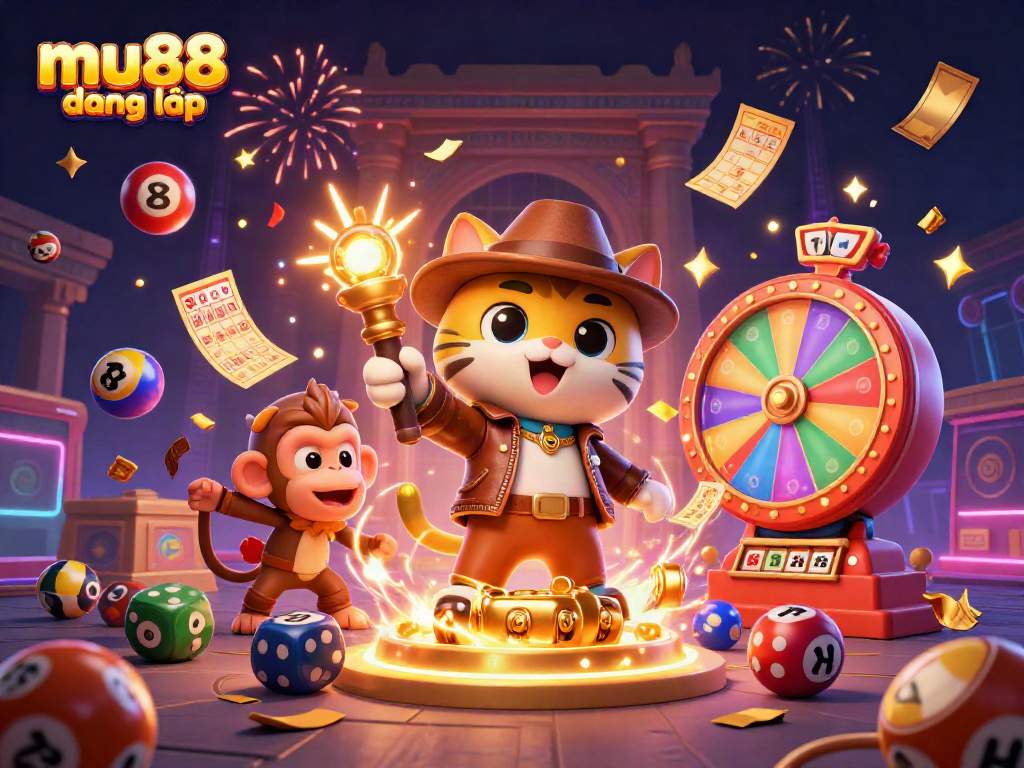 Engage with mu88 đăng nhập as a cartoon cat discovers casino treasures amidst vibrant game elements.