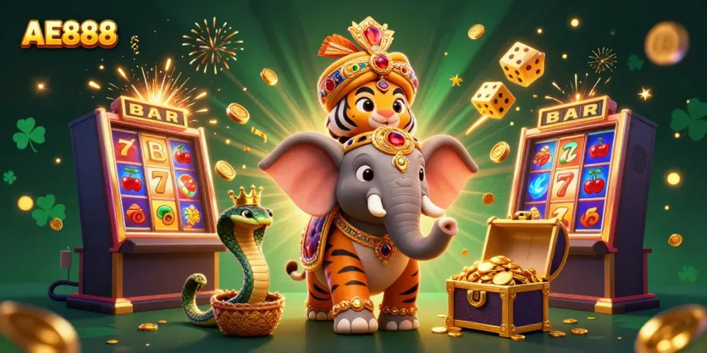 Experience the excitement of AE888 with a dynamic casino scene featuring a majestic elephant and winning symbols.