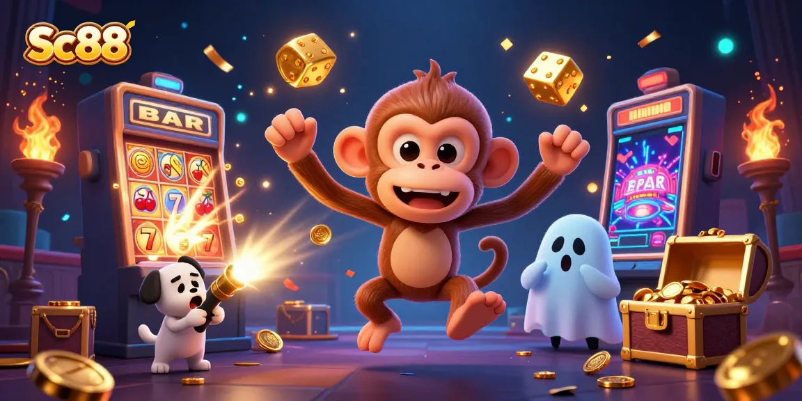 Experience an exciting jackpot at Sc88 with a mischievous monkey juggles golden coins in a haunted casino.