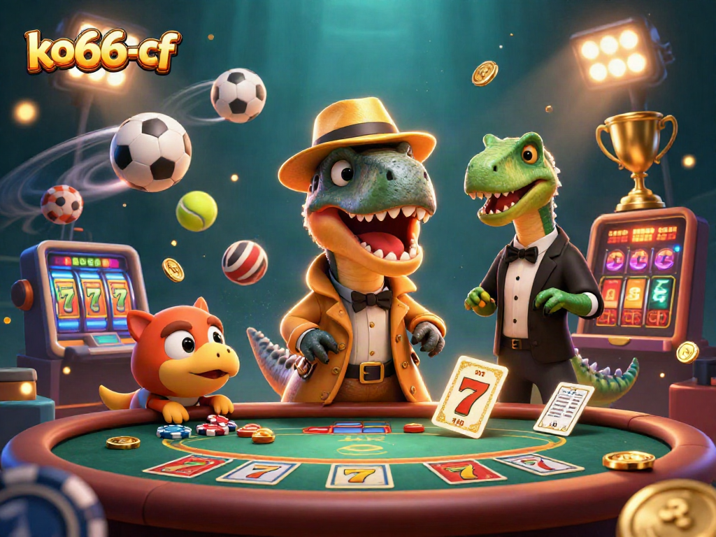 Experience thrilling gaming with ko66-cf, featuring a velociraptor at a blackjack table in a vibrant casino scene.