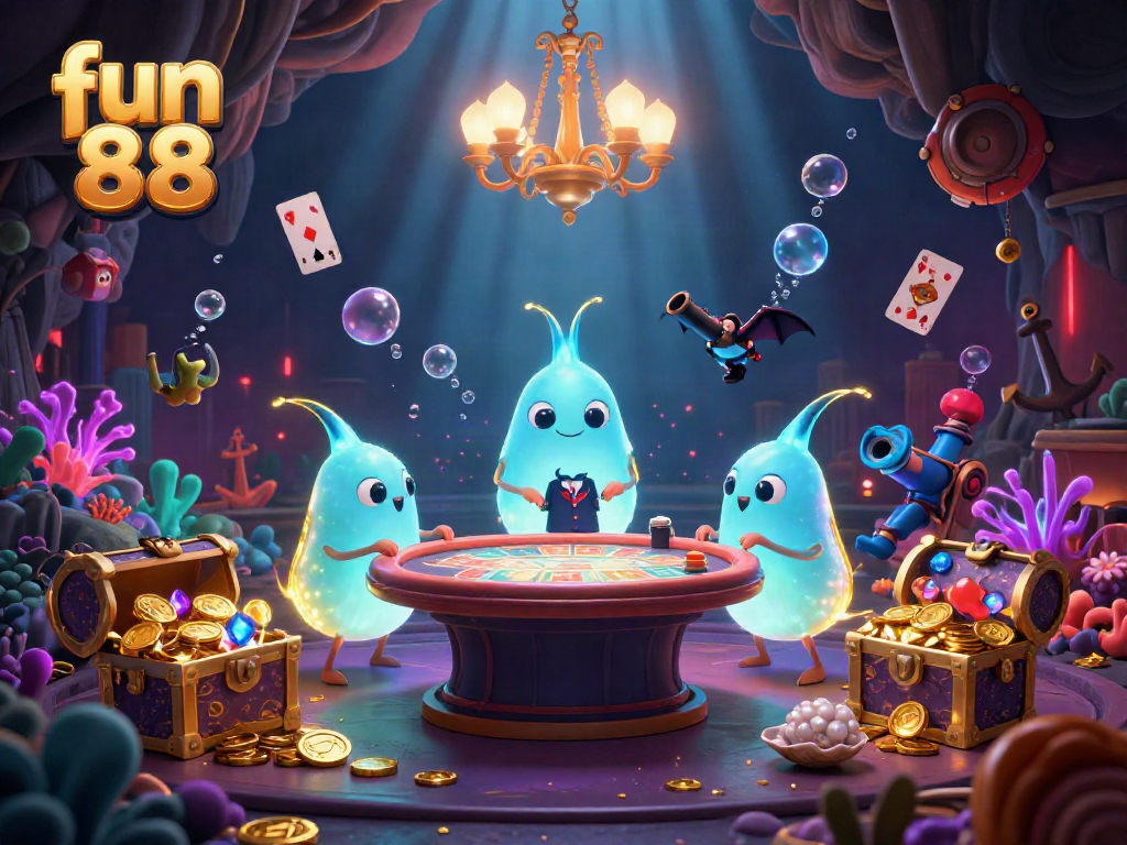 Experience fun 88 with glowworms lighting up a cave casino, showcasing underwater treasures and vibrant game elements.