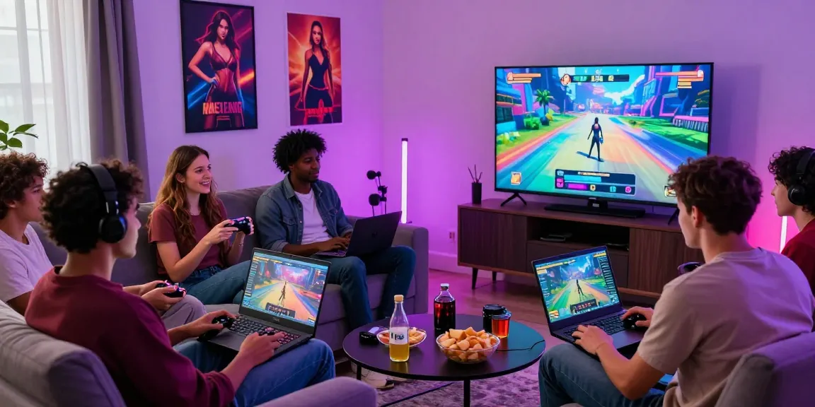 Friends enjoying sex games online in a vibrant gaming setting, with immersive visuals and cozy decor.
