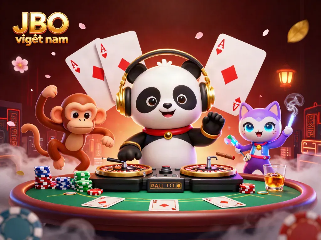 Experience vibrant gaming with JBO việt nam featuring a DJ panda, breakdancing monkey, and rave gear kitten.