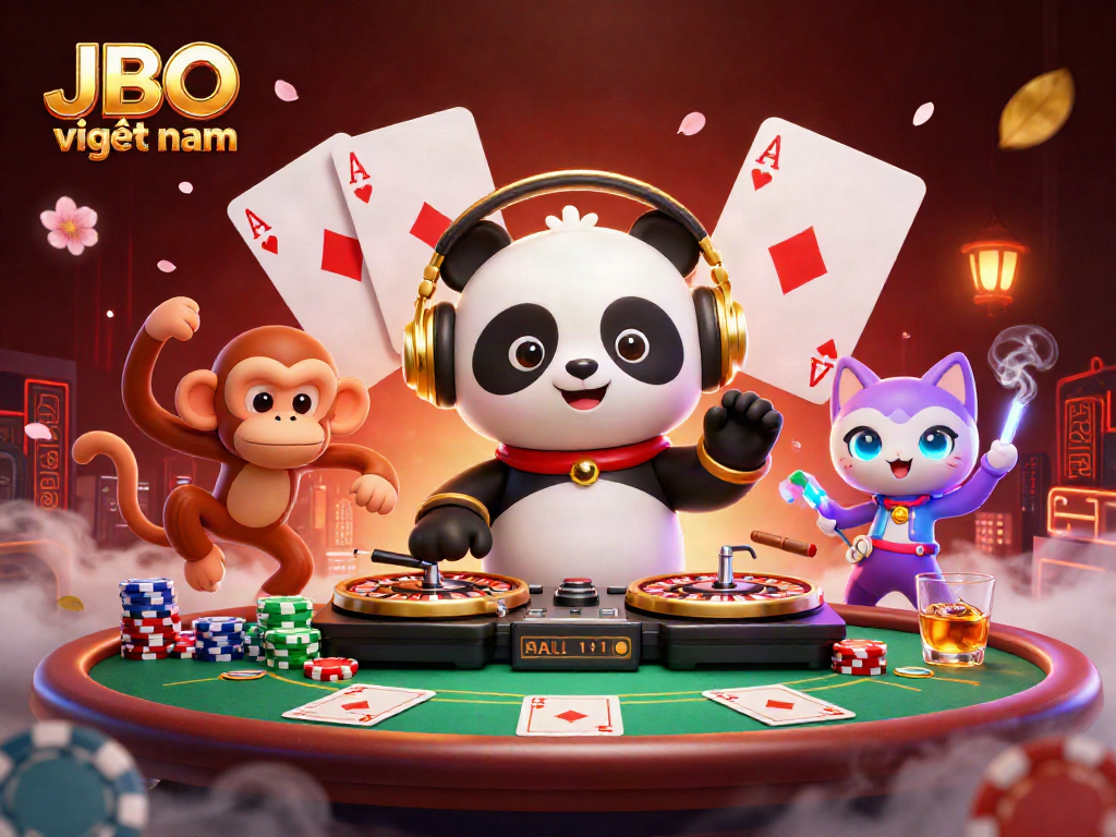 Experience vibrant gaming with JBO việt nam featuring a DJ panda, breakdancing monkey, and rave gear kitten.
