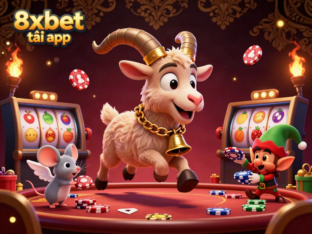 Catch the excitement with 8xbet tải app in a festive casino scene featuring characters in a whimsical setting.