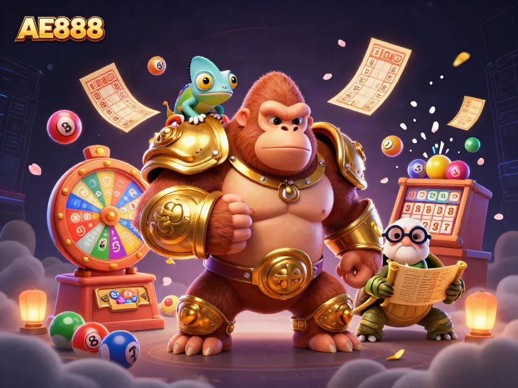 Experience thrilling gaming at AE888 with an adventurous scene of colorful lottery and casino elements.