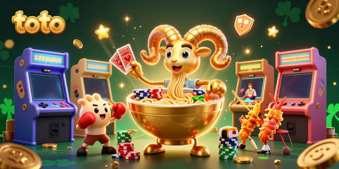 Engage in thrilling toto casino action with a vibrant 3D illustration of a golden ramen bowl dealer surrounded by colorful game elements.