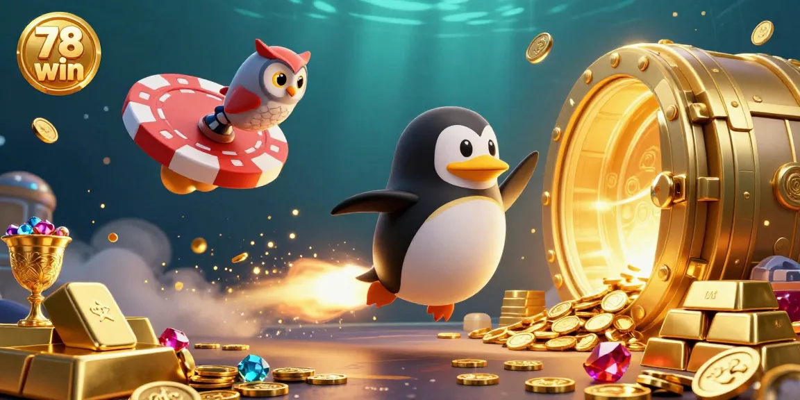 Experience thrilling action with the 78 win penguin racing towards a lively casino space, surrounded by shiny treasures.