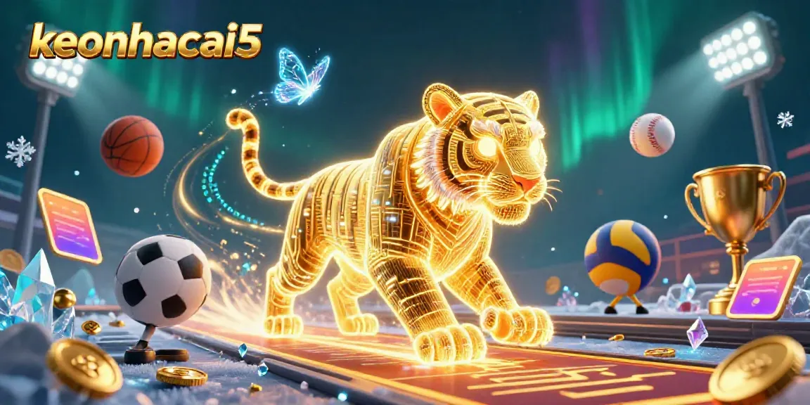 Experience the excitement of keonhacai5 with a vibrant digital casino scene featuring a golden tiger and sports elements.