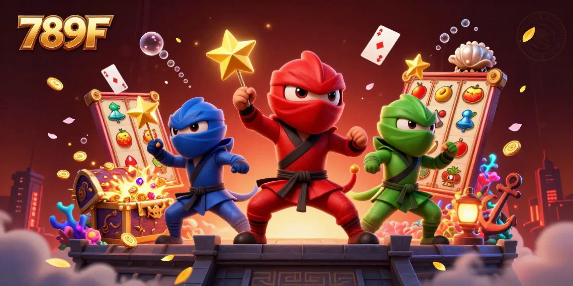 Experience thrilling adventures with the 789F ninja chameleons in a lively casino scene.