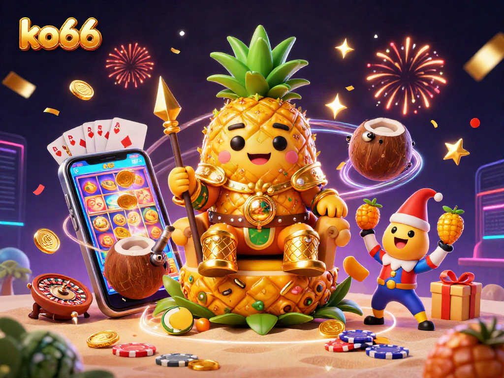 Spin to win with ko66 in a vibrant casino scene featuring the golden pineapple king and lots of festive elements.