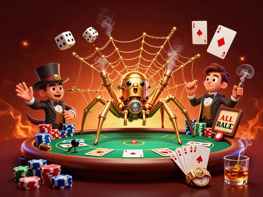Engage with 8xbet in a whimsical steampunk casino, where a golden spider and fly gentleman interact amidst vibrant poker elements.
