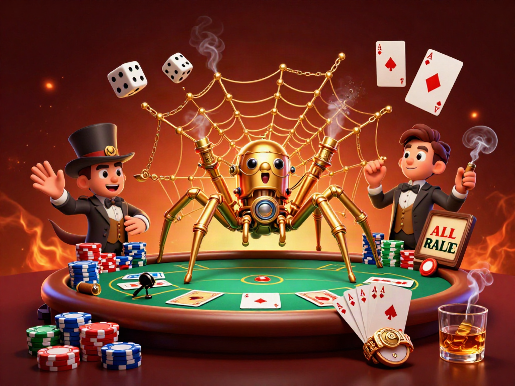 Engage with 8xbet in a whimsical steampunk casino, where a golden spider and fly gentleman interact amidst vibrant poker elements.