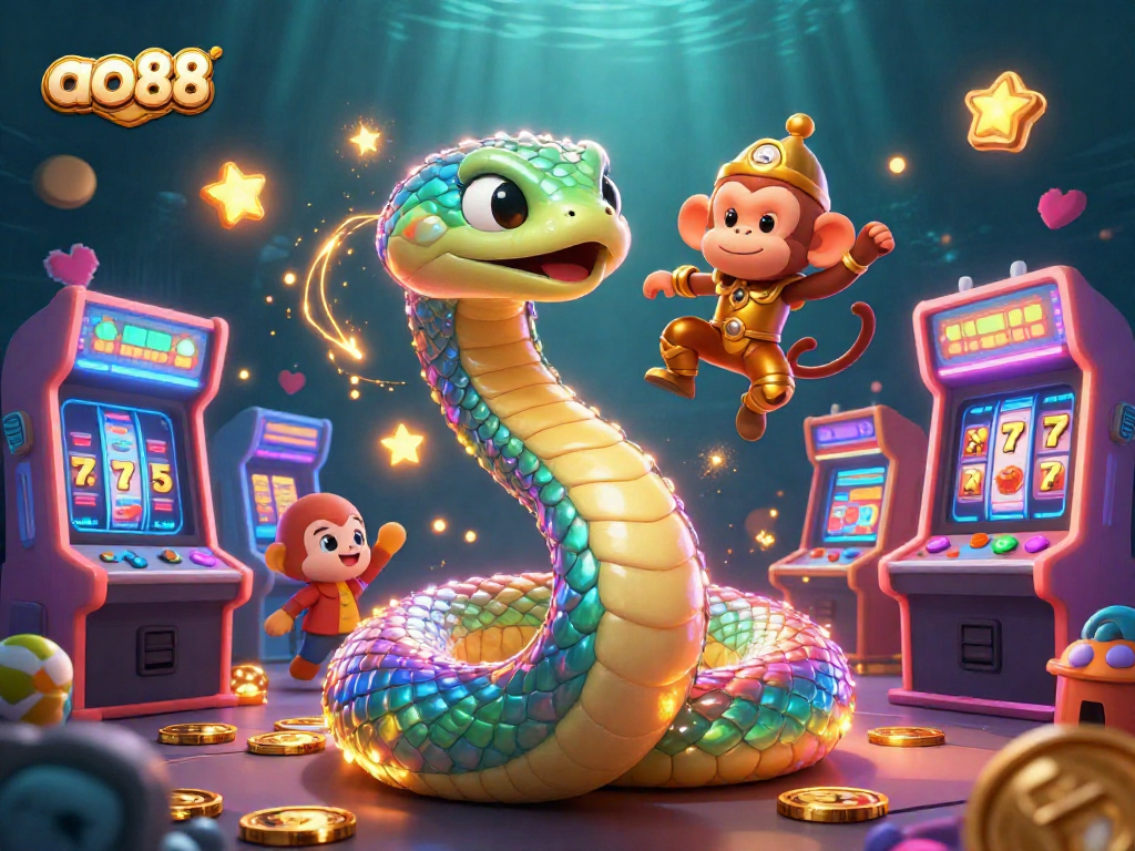 Experience the magic of ao88 with vibrant casino-themed characters and elements in a dynamic 3D scene.