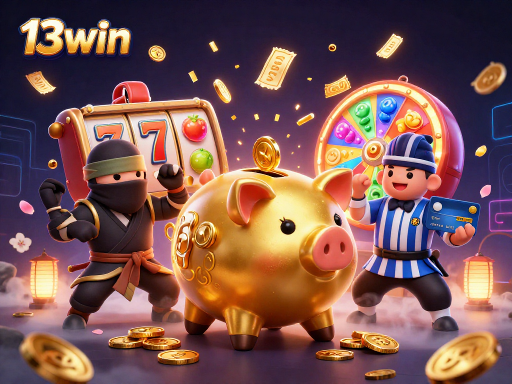 Engage with thrilling 13win slots as a golden piggy bank sumo wrestler competes in an electrifying casino showdown!