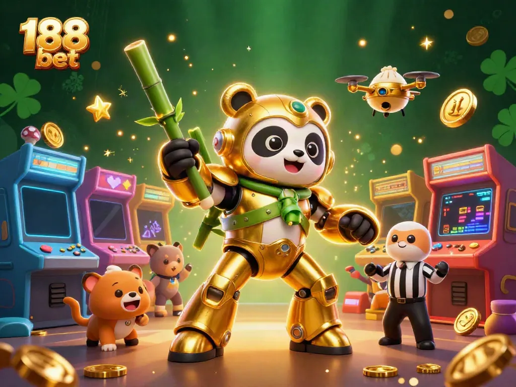 Experience the excitement of 188 bet with a golden panda in a mech-suit amidst colorful gaming elements.