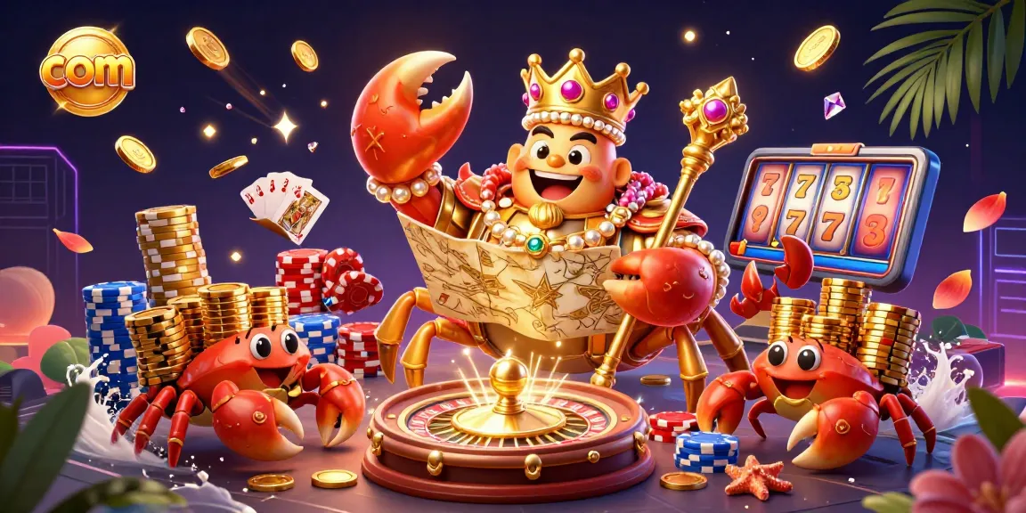 Win at com with a golden crab emperor, vibrant casino elements, and rich treasures.