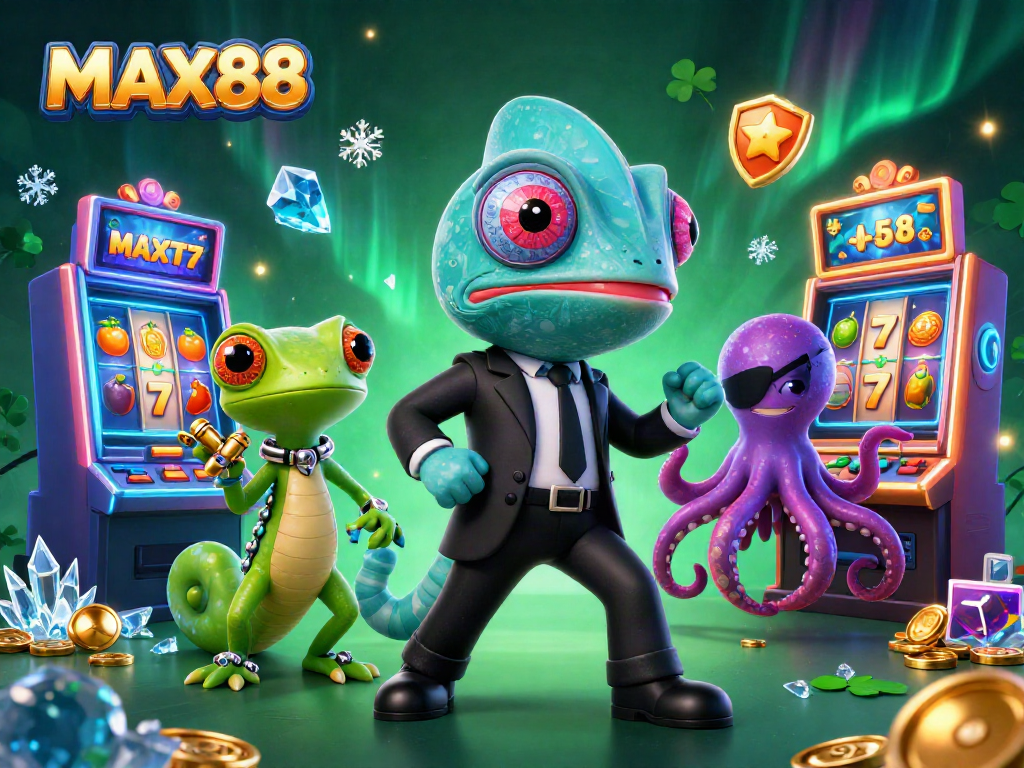 Experience the excitement of MAX88 with an illustrated scene of colorful slot machines and dynamic characters.