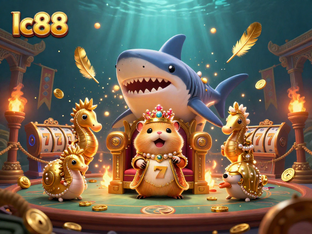 Engage with rich lc88 casino fun featuring a golden hamster king on a megalodon throne amidst vibrant gaming elements.