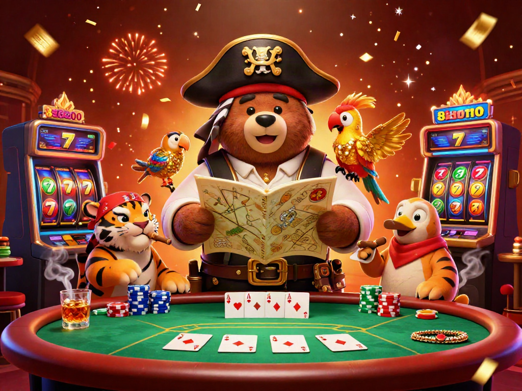 Experience thrilling gameplay at 8xbet00 with a vibrant casino scene featuring a pirate captain bear, tiger, and dazzling golden elements.