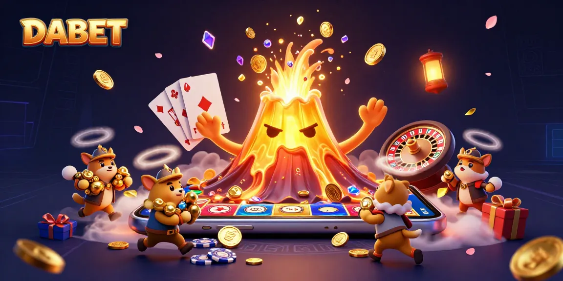 DABET captures the thrill of gaming with a triumphant volcano and treasure-seeking explorers.