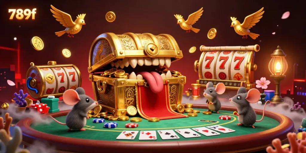 Engage with 789f's exciting slot experience at a vibrant treasure-themed casino scene.