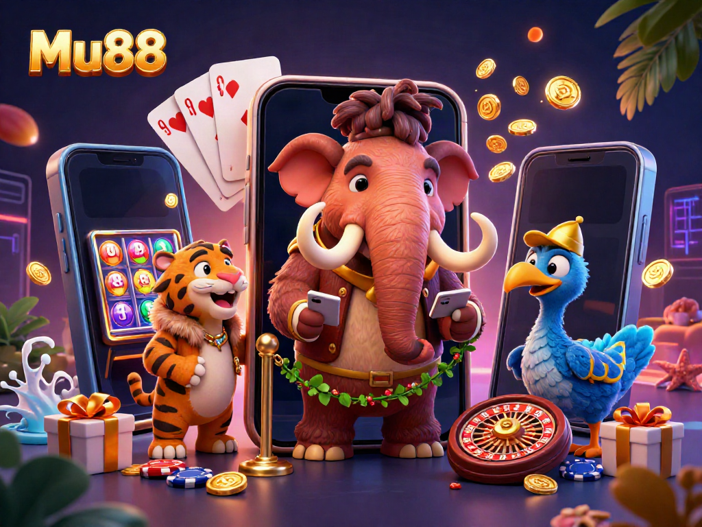 Mu88 bouncer checks IDs while a saber-tooth VIP and dodo doorman enhance the casino vibe.