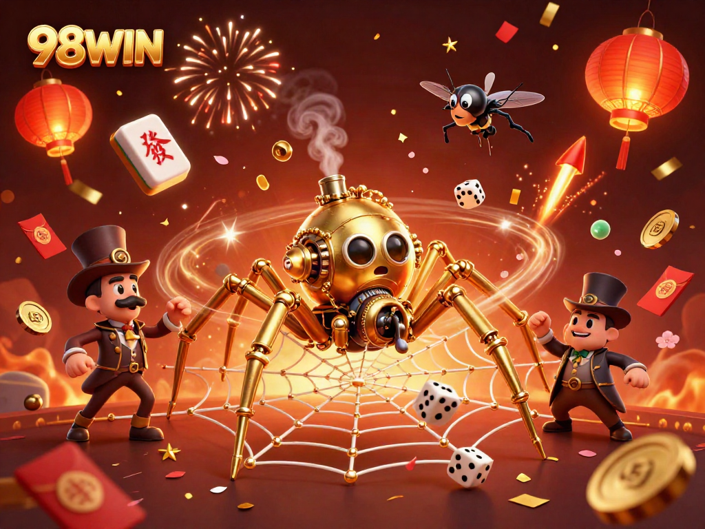 Experience thrilling moments at 98WIN with a dynamic steampunk spider illustration capturing gambling fun.