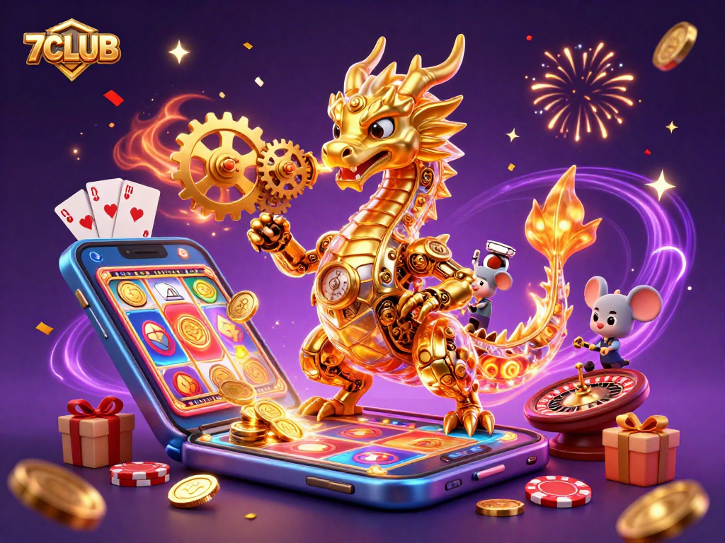 Engage with vibrant 7CLUB experiences featuring a golden dragon, slot games, and festive gaming elements.