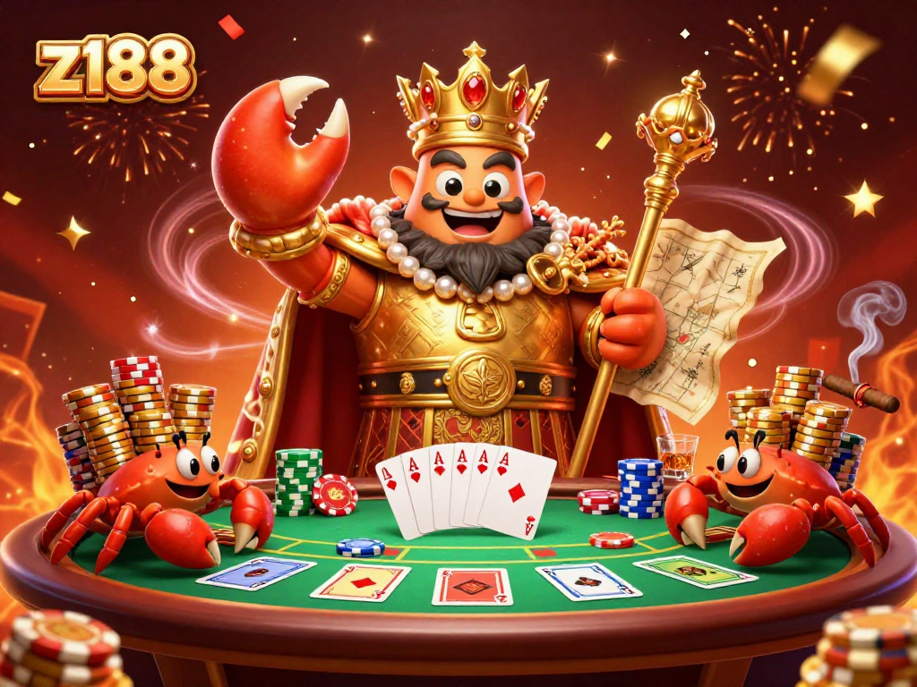 Enjoy z188 and experience thrilling poker action with a majestic golden crab and vibrant game elements.