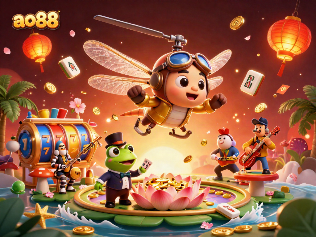 Experience entertaining gaming at ao88 with vibrant characters, slot games, and dynamic elements.