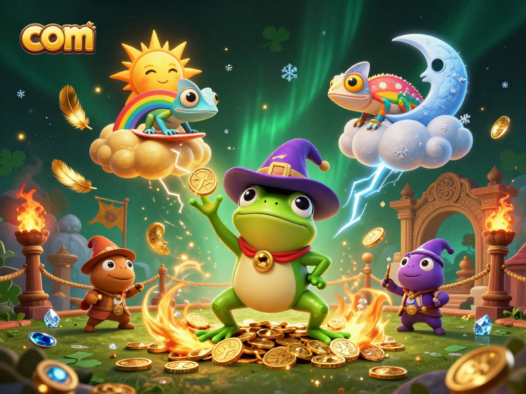 Experience dazzling winnings at com with a vibrant illustration of a casino wizard and chameleon.