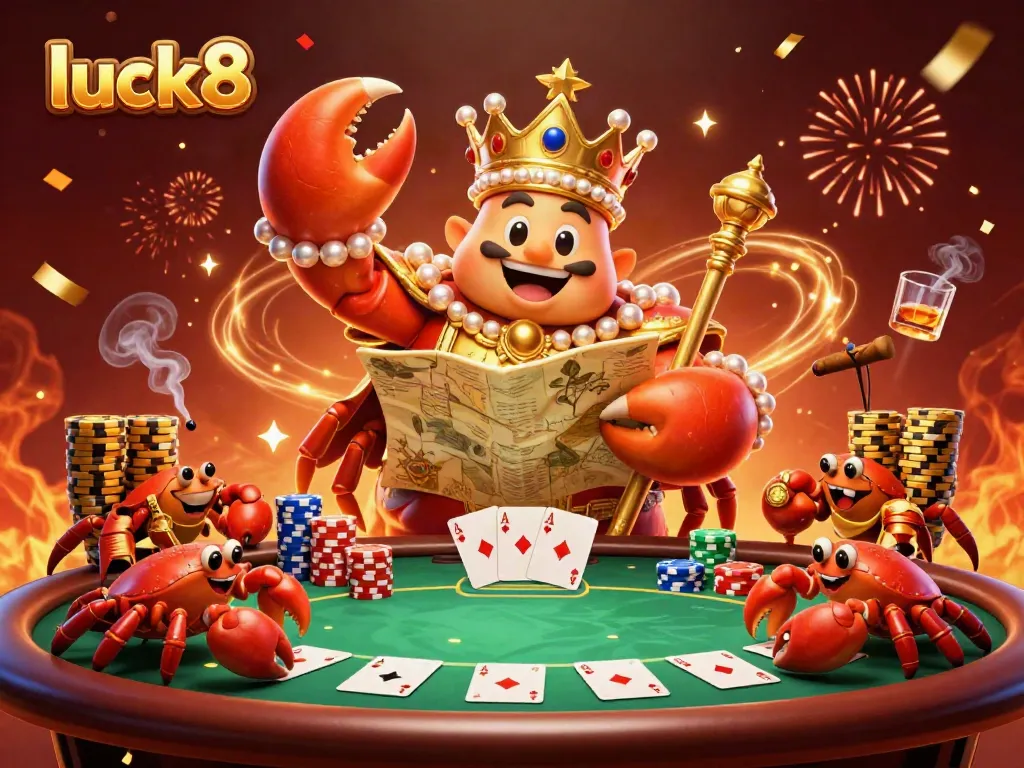 Experience luck8 with a golden crab emperor at a lively poker table, rich with chips and cards