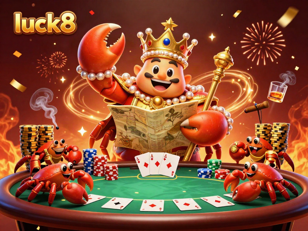 Experience luck8 with a golden crab emperor at a lively poker table, rich with chips and cards